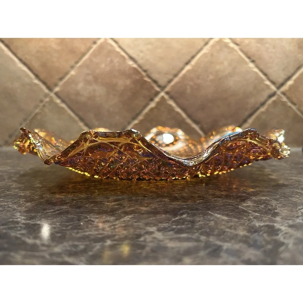 Vintage Indiana Carnival Glass Bowl Amber Marigold Scalloped Dish Iridescent 10